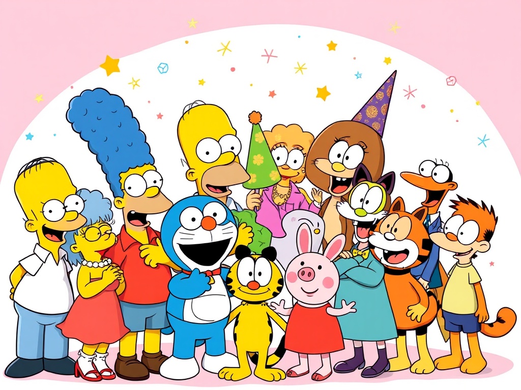 This is a vibrant illustration depicting a group of classic animated characters. The assembly includes figures reminiscent of beloved shows, all gathered under a cheerful setting. The backdrop features a light pink color with various star-shaped decorations, adding a festive touch to the image. Each character displays a joyful expression, evoking a sense of nostalgia and warmth.