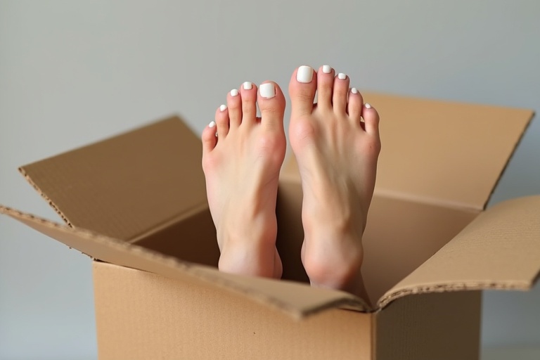 Female feet with white nail polish stick out from inside a large cardboard box. The box has its flaps open. The background is simple and neutral.