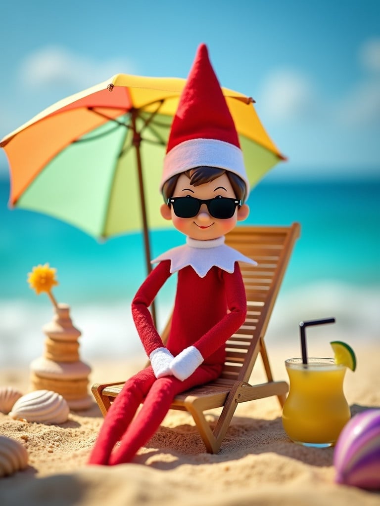 Playful Elf on the Shelf at the beach setting. Elf sits on a miniature lounge chair under colorful umbrella. Tiny sunglasses complement the iconic red outfit and white collar. Seashells and sandcastle surround the elf. Tropical drink nearby. Bright sunny sky and clear ocean waves in the background. Cheerful atmosphere present.