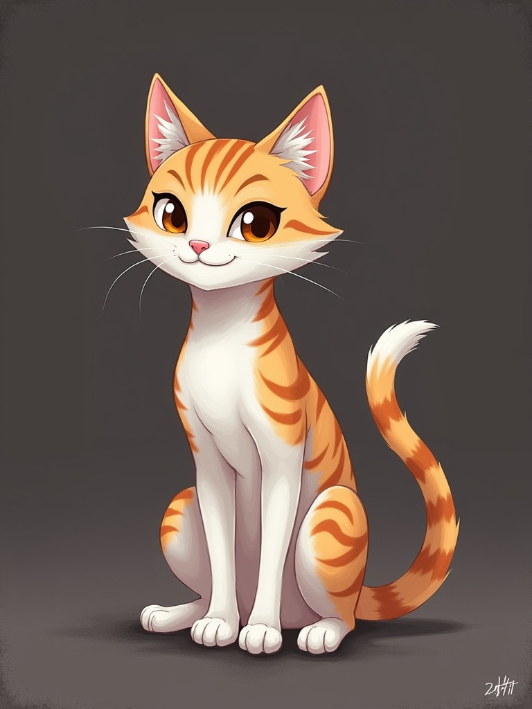 A cartoon-style orange tabby cat sitting upright with a friendly expression. The cat has distinct stripes and a shiny coat. The background is dark, emphasizing the cat's features and colors. Its eyes are large and expressive, giving a playful look. The cat is drawn in a cute and whimsical style suitable for children's content.