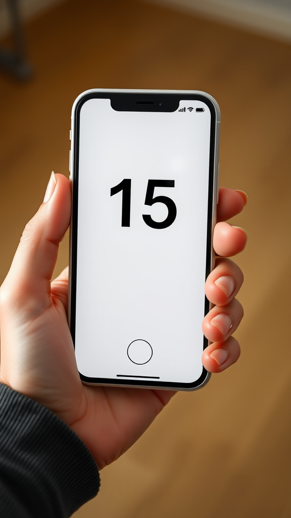 A hand holds a smartphone displaying the number 15 on its screen.