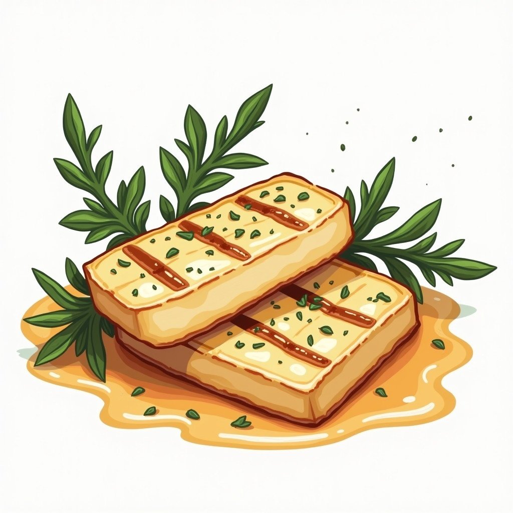 Bold illustration features grilled halloumi cheese placed on a bed of fresh thyme leaves. Cheese has grill marks and is oozing slightly. The overall style is bright and engaging.