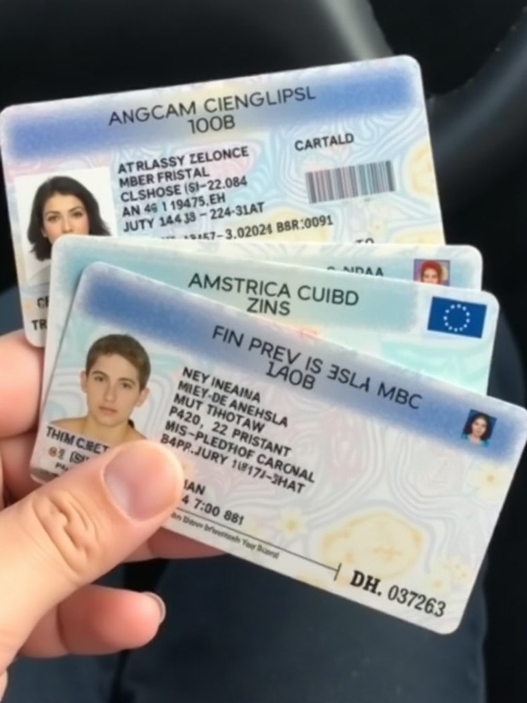 Three driver's licenses held in a hand. Clear identification information printed on each. Unobtrusive background focuses on the licenses.