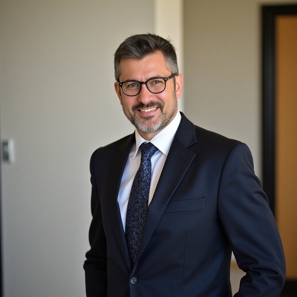 This image features a confident gentleman dressed in a formal suit and tie, standing in a modern office setting. He has glasses and a well-groomed beard, projecting a professional and approachable demeanor. The background is subtle and out of focus, emphasizing his presence. The lighting is soft, enhancing the natural features of his face. This portrait could be used for a variety of business-related applications.