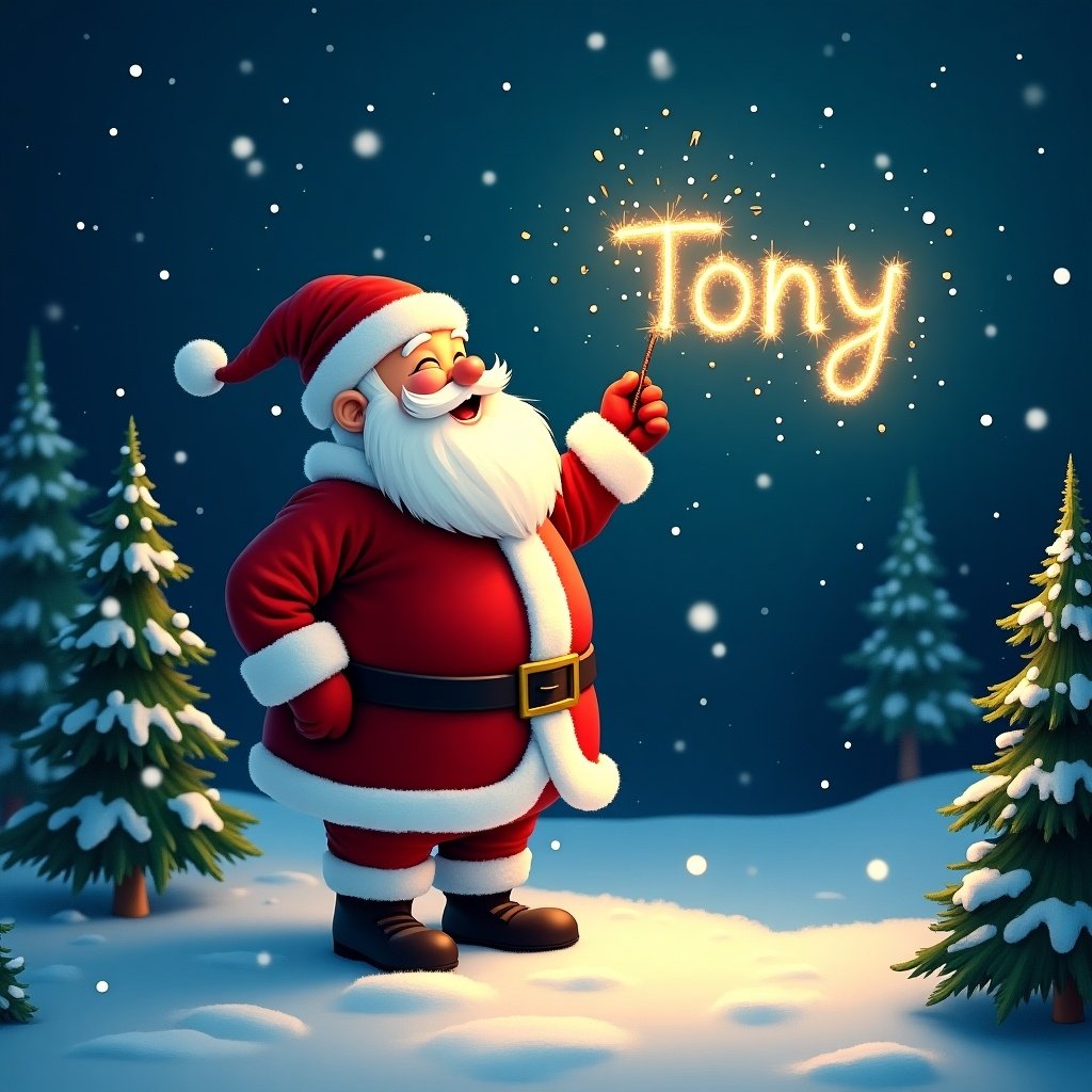 Santa Claus in red and white suit holds sparkler writing name Tony. Night sky full of snowflakes. Snow covers ground. Evergreen trees surround him. Scene feels magical and festive.