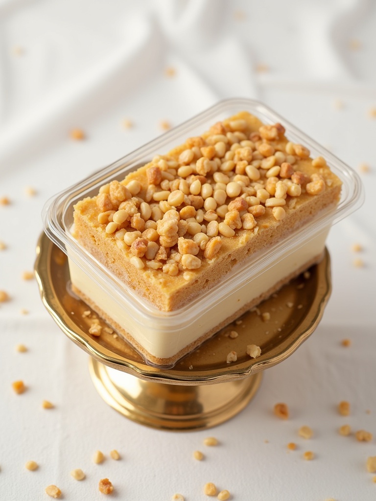 Mawa cake in a rectangular shape placed in a clear container on a golden tray. Nuts are spread over the cake. Background is white with golden accents.