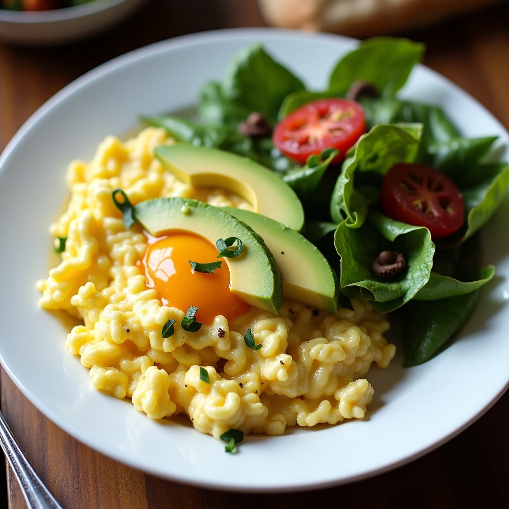 This image showcases a delicious serving of scrambled eggs paired with slices of avocado and a fresh side salad. The vibrant yellow of the scrambled eggs contrasts beautifully with the green of the salad. Cherry tomatoes add a pop of color to the greens. The dish is arranged neatly on a white plate, capturing a wholesome breakfast aesthetic. This meal is perfect for anyone seeking a nutritious start to the day.