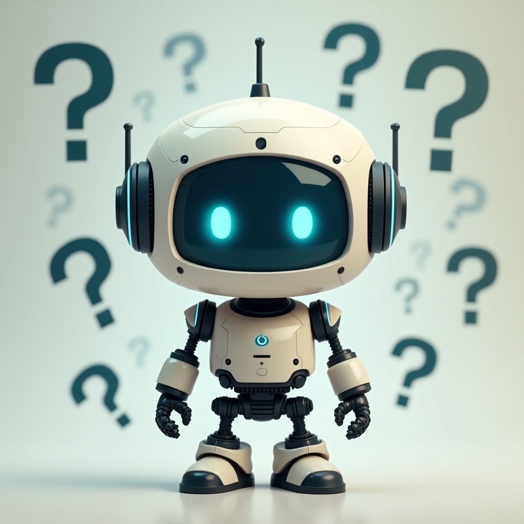 A cute robot with a rounded head and glowing blue eyes. The robot is surrounded by question marks.