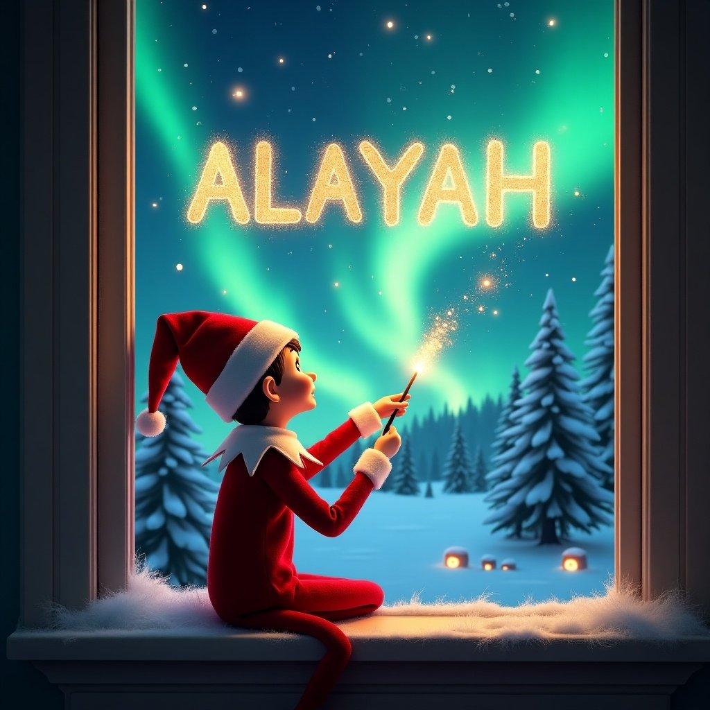 The image features an elf on the shelf sitting on a windowsill, with his back to the viewer. He is gazing up at the sky, using a wand to create magical sparks. The background depicts a captivating Christmas scene with vibrant northern lights illuminating the night sky. Pine trees covered in snow surround the setting, enhancing the holiday atmosphere. The elf's attire is festive, with a bright red outfit and fluffy white trim, embodying the spirit of Christmas. In the sky, the name ‘ALAYAH’ is written in magical sparkles.