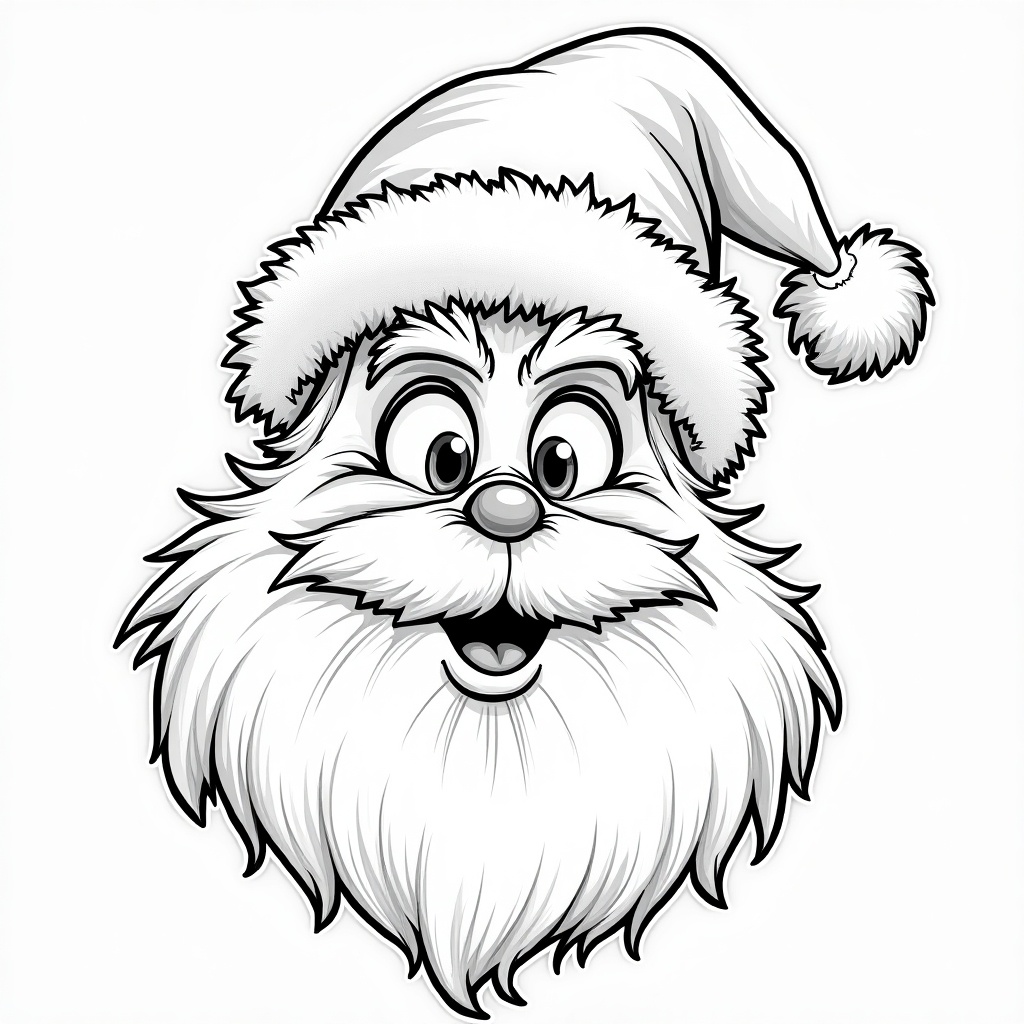 Santa Claus face inspired by Whoville character from Grinch movie. Detailed outline drawing with exaggerated features. Cartoon-style illustration with emphasis on whimsical expression and traditional festive elements.