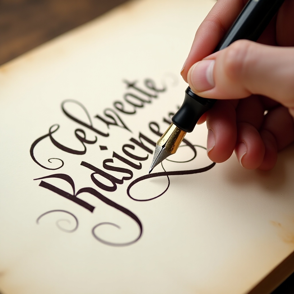 A hand elegantly writes calligraphy using a fountain pen. The pen is poised above aged paper covered in beautiful letters.