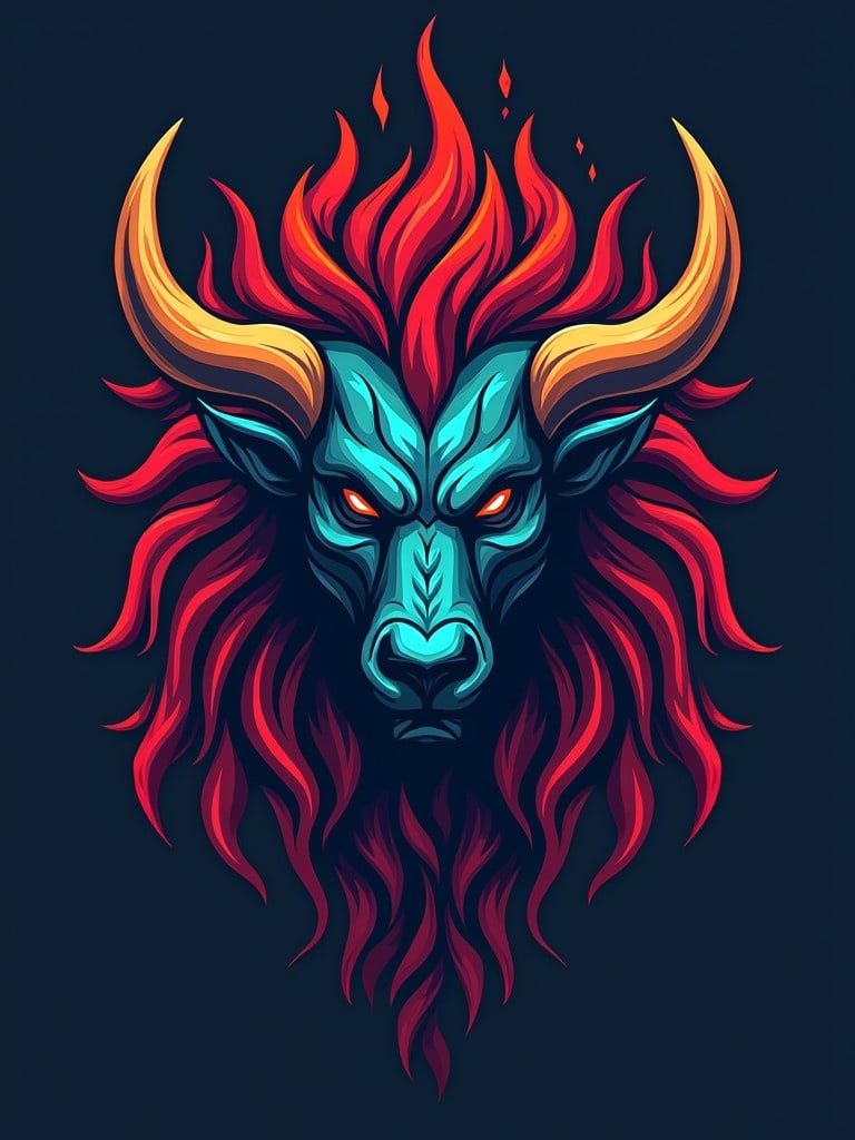 Create an artistic lion-headed logo for a fictional team. The logo represents the culture of Volcoland in a vibrant style. The lion has a fiery mane with expressive features. The design emphasizes strength and creativity.