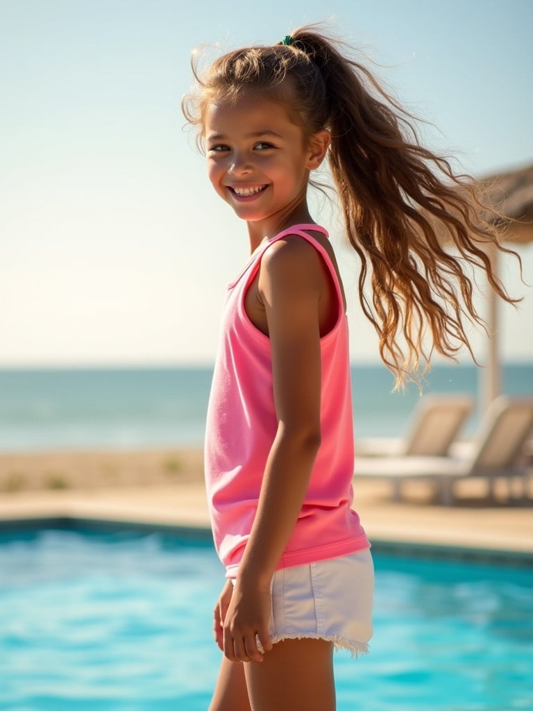 Young girl with long hair wearing a pink tank top and white shorts. She stands at the edge of a bright blue pool. Background features a beach and clear sky. The scene is relaxed and summery.