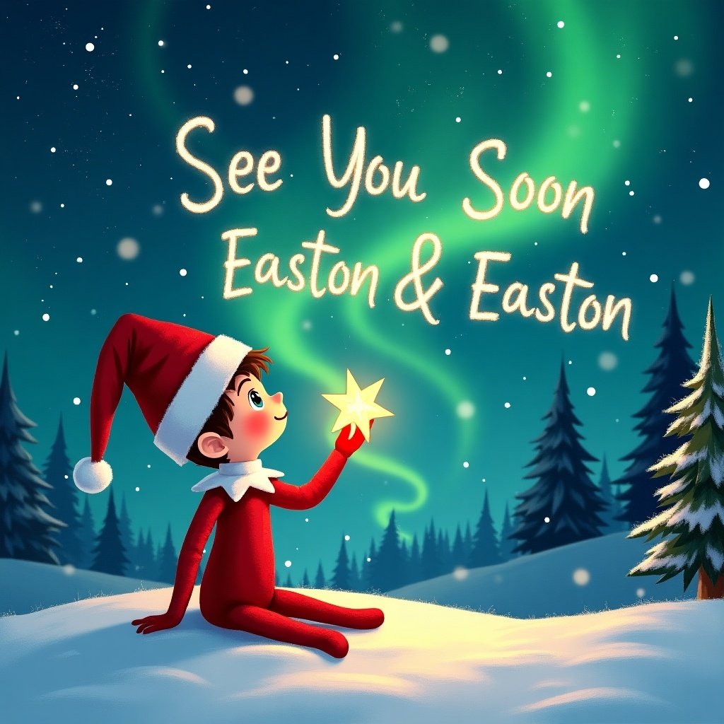 An elf on the shelf sits in a snowy landscape. The elf gazes upward. The sky showcases vibrant northern lights in green and blue hues. The elf writes a message in the sky. The message says 'See You Soon Easton & Brynlee'. The elf holds a glowing star. Snow covers the ground. Evergreen trees populate the background. The mood conveys festive magic.