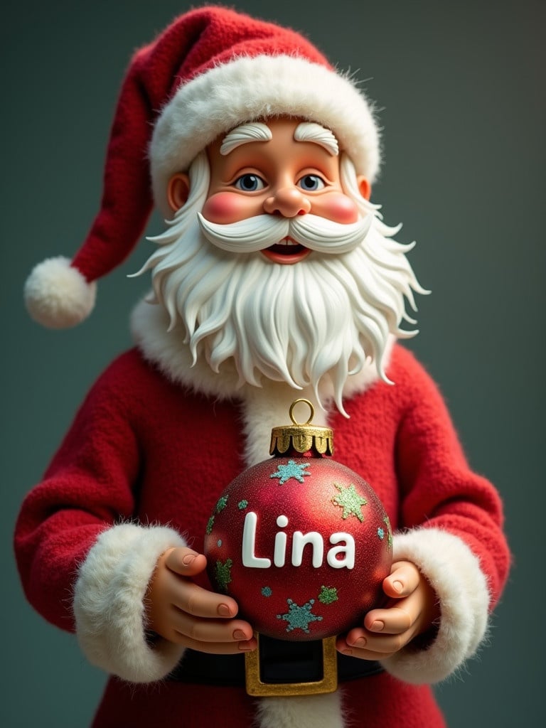 Santa character holds a Christmas bauble with the name Lina. The character wears a red suit with white trim. The bauble is designed with decorations.