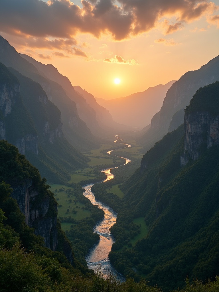 Breathtaking landscape with sun setting behind mountains. Golden glow over horizon. Winding river through lush green valley. Cascading waterfall in the distance. Cloud formations in the sky. Warm colors of sunset.