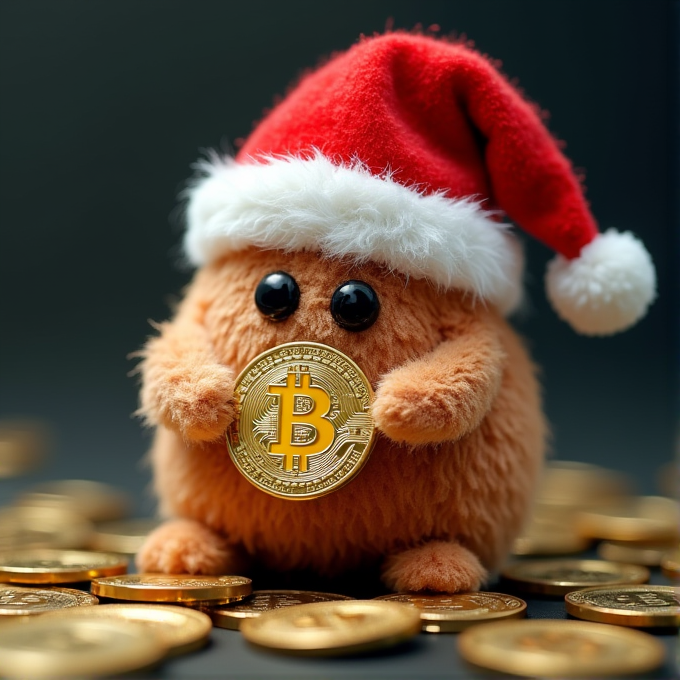 A cute, furry creature wearing a Santa hat is holding a Bitcoin coin amidst a scattering of similar coins.