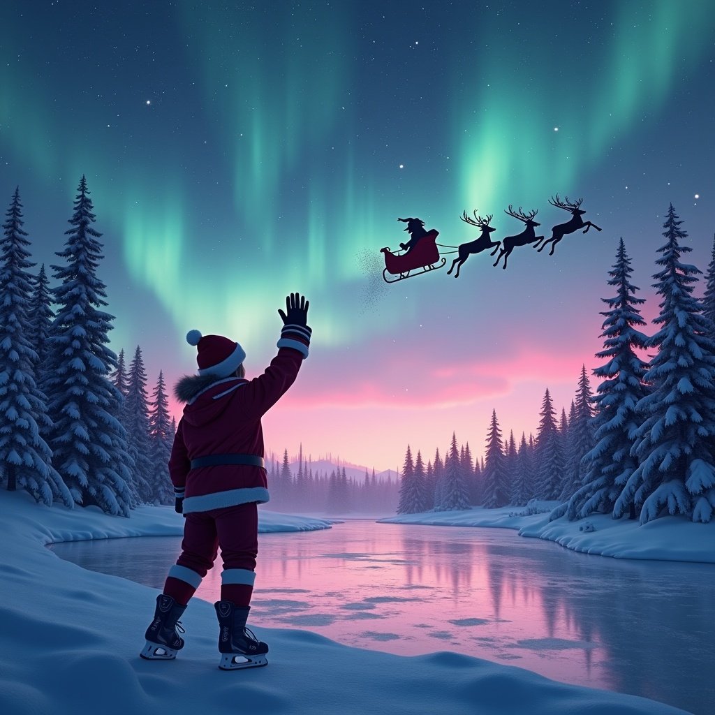 A serene winter scene where a female hockey player waves to Santa flying in the sky with reindeer. Background features northern lights, a frozen pond, and snow covered evergreen trees. The atmosphere feels calm and hinting at a casual evening game. Color palette includes intense pinks and blues.