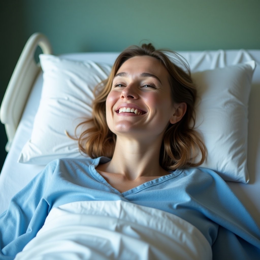 Woman lying in a hospital bed. Bright smile on her face. Relaxed and content appearance. Features calming colors in the room. Focus on mental well-being and recovery.