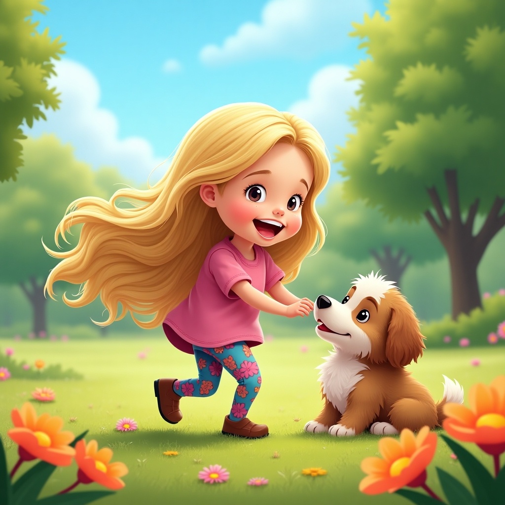 A joyful scene features a girl with long blond hair playing with a fluffy dog in a vibrant, green park. She wears a pink T-shirt and patterned pants, expressing excitement as she runs towards her furry friend. The dog looks up at her with a playful demeanor, capturing a moment of innocent fun. Surrounding them are colorful flowers that add to the cheerful atmosphere. The setting is bright and sunny, evoking feelings of happiness and playfulness.