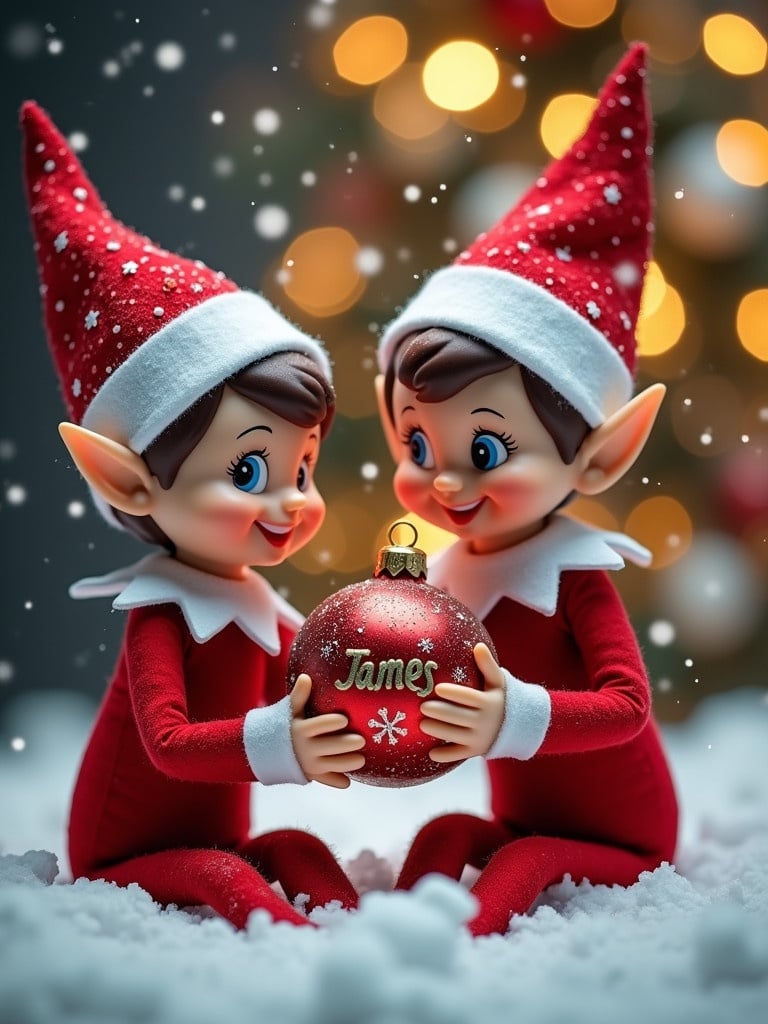 Two cheerful elves celebrate Christmas in a snowy setting. They hold a festive bauble with the name 'James'. The background has softly glowing lights. Both are dressed in traditional red and white outfits. Snowflakes are gently falling, enhancing the magical feel of the scene.