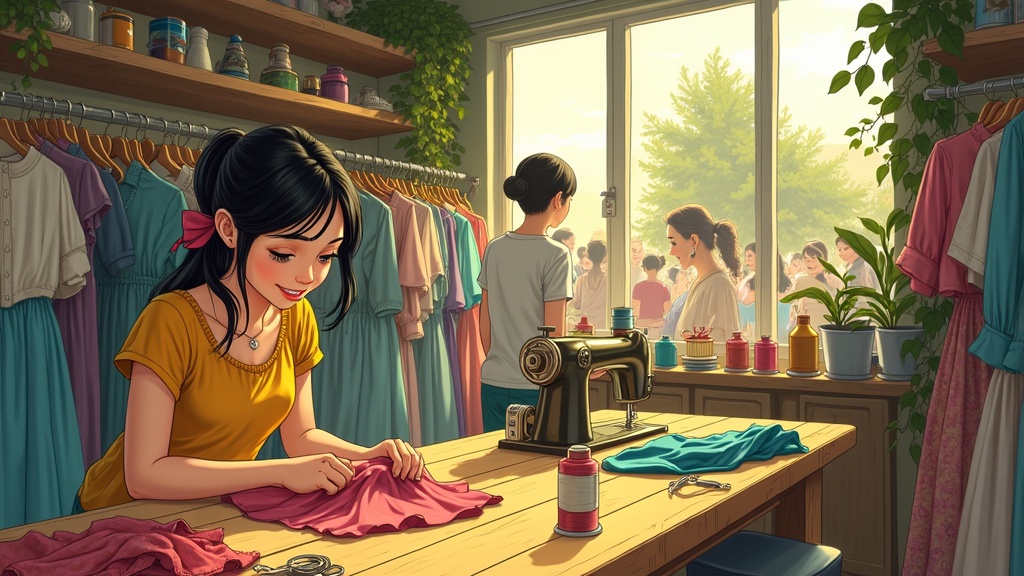 Illustration of a cozy second-hand clothing store. A cheerful seamstress repairs a dress at a wooden table. Racks of vintage clothes and colorful spools of thread are in the background. The atmosphere is warm and inviting. Soft sunlight pours in through large windows filled with plants. The illustration has painterly textures and dynamic lighting.