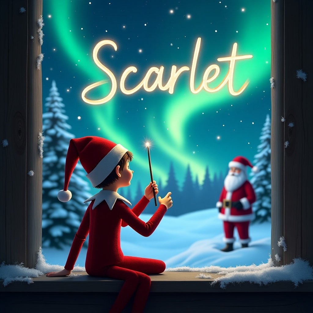 Elf on the shelf sits with back facing image. Elf uses wand to write the word Scarlet in the sky. Background features a magical Christmas scene with northern lights and Santa.