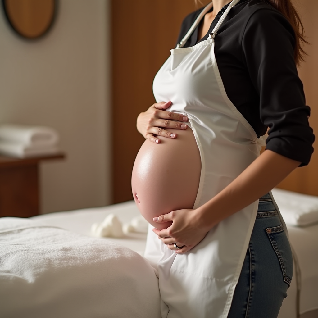 A pregnant person gently cradles their belly, surrounded by soft lighting and a serene room.