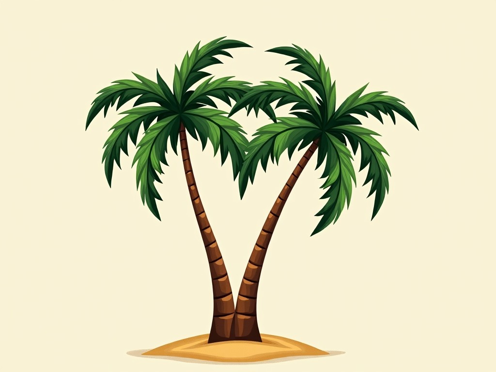 This image features two stylized palm trees standing next to each other. They have lush green leaves with a vibrant color. The trunks are brown and textured, showing a tropical feel. The base is surrounded by a small area of sandy ground. The background is a light beige, enhancing the tropical aesthetic. The overall look is playful and inviting, perfect for themes around summer and relaxation.