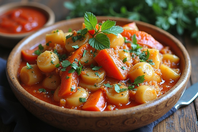 A vibrant bowl of Pakistani vegetable curry with carrots and herbs. Saucy preparation with garnishing and a side of tomato sauce. Wooden table for a rustic look. Natural lighting enhances the dish's colors.