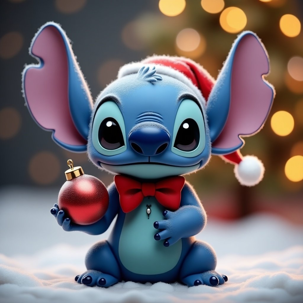 Stitch character inspired by Disney. Character blue with large ears. Wearing a bow tie. Holding a Christmas bauble. Christmas themed background.