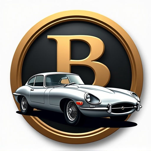 Logo on a medal featuring a black to gold gradient. Foreground displays a dynamic silver Jaguar E-Type. Two large Bs positioned behind the car; one normal and the other mirrored.