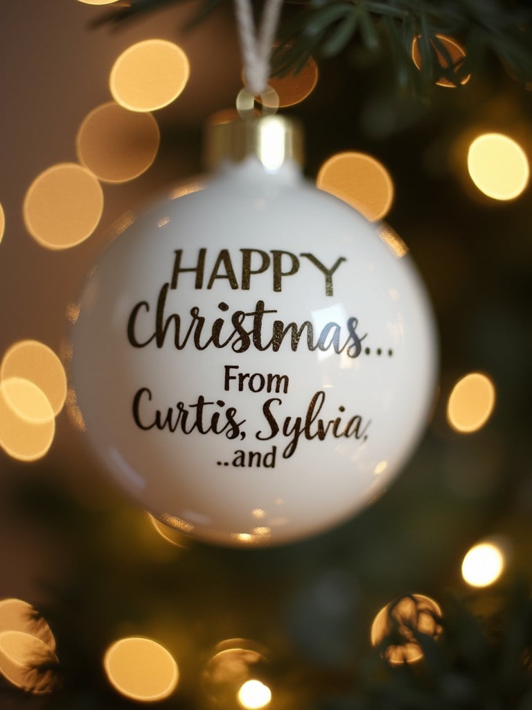 Close-up of a white Christmas bauble. Text reads 'Happy Christmas... From Curtis, Sylvia, and...'. Twinkling lights in background create magical ambiance.