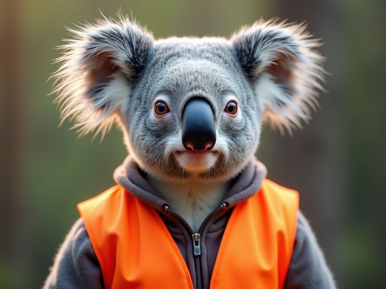 The image features a gray koala with large, expressive eyes, wearing an orange construction vest. The background is a blurred forest scene, bringing attention to the koala. The animal has a friendly and approachable demeanor, featuring fluffy ears and a characterful nose. The vest looks slightly oversized, adding a whimsical touch to the image. The lighting is soft and warm, giving the koala a cute and inviting appearance.