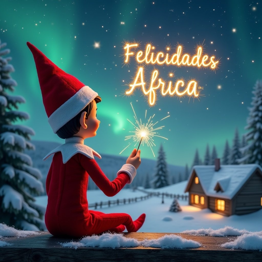 An elf sits on a wooden ledge facing a magical sky. The elf is dressed in red. The elf holds a sparkling wand and writes 'Felicidades Africa' in the sky with firework sparks. The background has a snowy landscape with houses and trees under Northern Lights. The scene captures childhood magic and Christmas cheer.