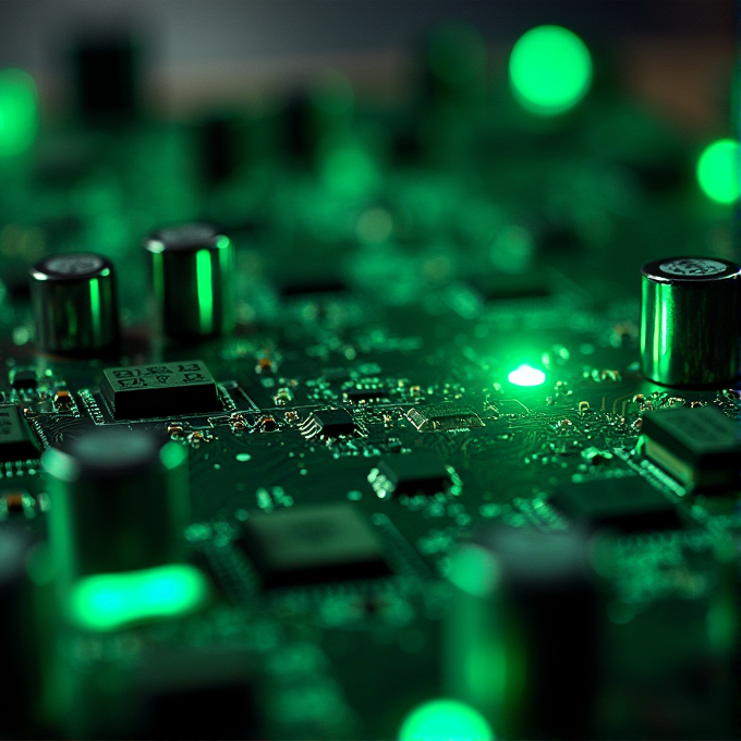 A close-up view of a circuit board with green lights and electronic components.