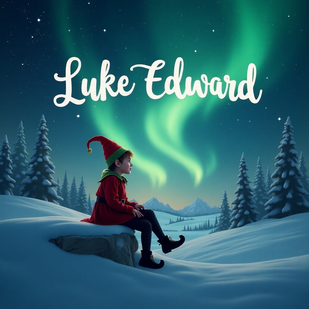 Elf on the shelf writing Luke Edward in sky with northern lights. Winter landscape with mountains and pine trees. A child in festive clothing seated on a rock.