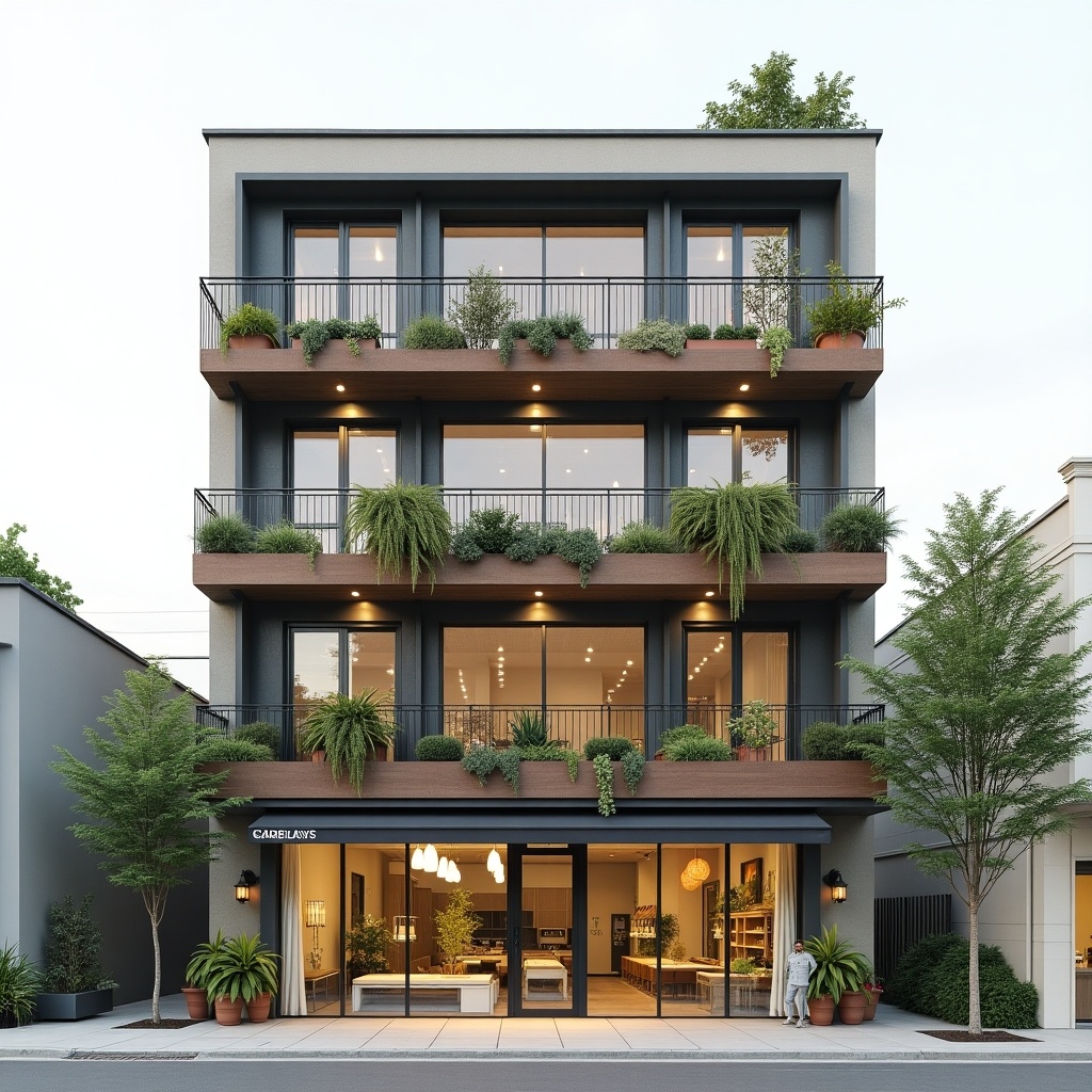 Well-designed 4-floor building with commercial shop on ground floor and residential apartments above. Balconies with potted greenery. Large glass windows creating inviting appearance. Functional design for urban living.