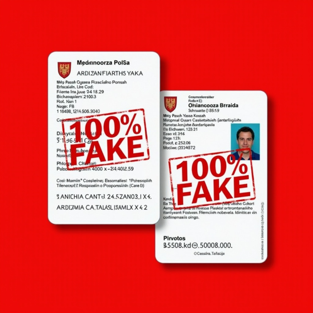 Image displays two sides of a Polish identity card. Both sides have a bold red background with '100% FAKE' stamped across. The left side contains personal information and identification numbers. The right side includes identification details and a photo placeholder marked with the same fake label.