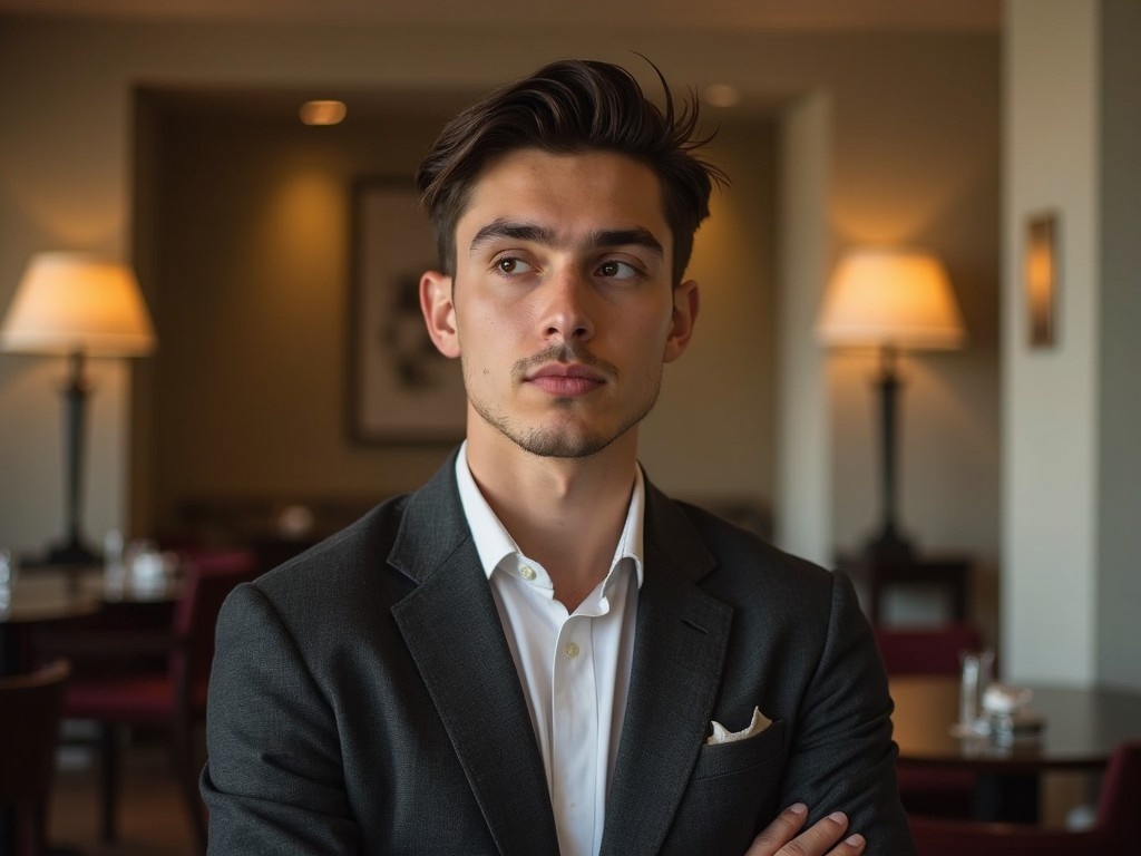 A well-dressed young man with styled hair gazes thoughtfully into the distance in a sophisticated setting. He is wearing a neatly tailored suit that complements his poised demeanor. The background features warm ambient lighting and elegant furniture, enhancing the refined atmosphere. His expression conveys a sense of contemplation, making the viewer curious about his thoughts. The image captures the essence of professionalism and style, suitable for various marketing and editorial purposes.