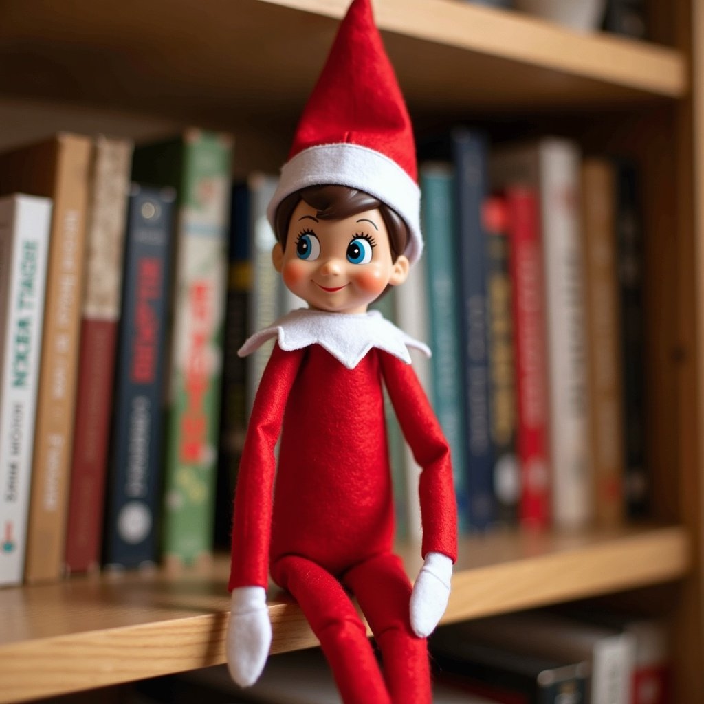 The image depicts a cheerful elf doll named Elise, sitting on a wooden shelf among colorful books. The elf is dressed in a bright red outfit with a white collar and mittens, showcasing a joyful expression. The background is filled with books, creating a cozy atmosphere. Soft natural light highlights the elf, enhancing its playful features. This scene evokes a sense of holiday cheer and nostalgia, making it perfect for festive decorations during the Christmas season.