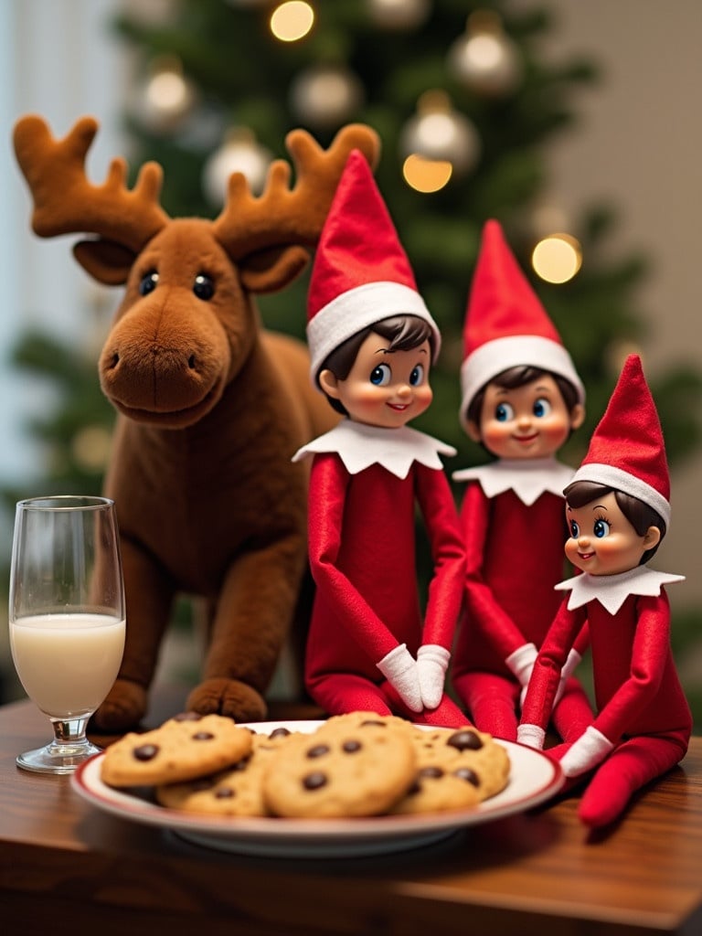 A moose named Max and three elves including Gertie, Griswold, and Junior sit together. A tray of chocolate chip cookies and a glass of milk is in front of them. The scene is festive and cheerful, suitable for holiday celebrations.