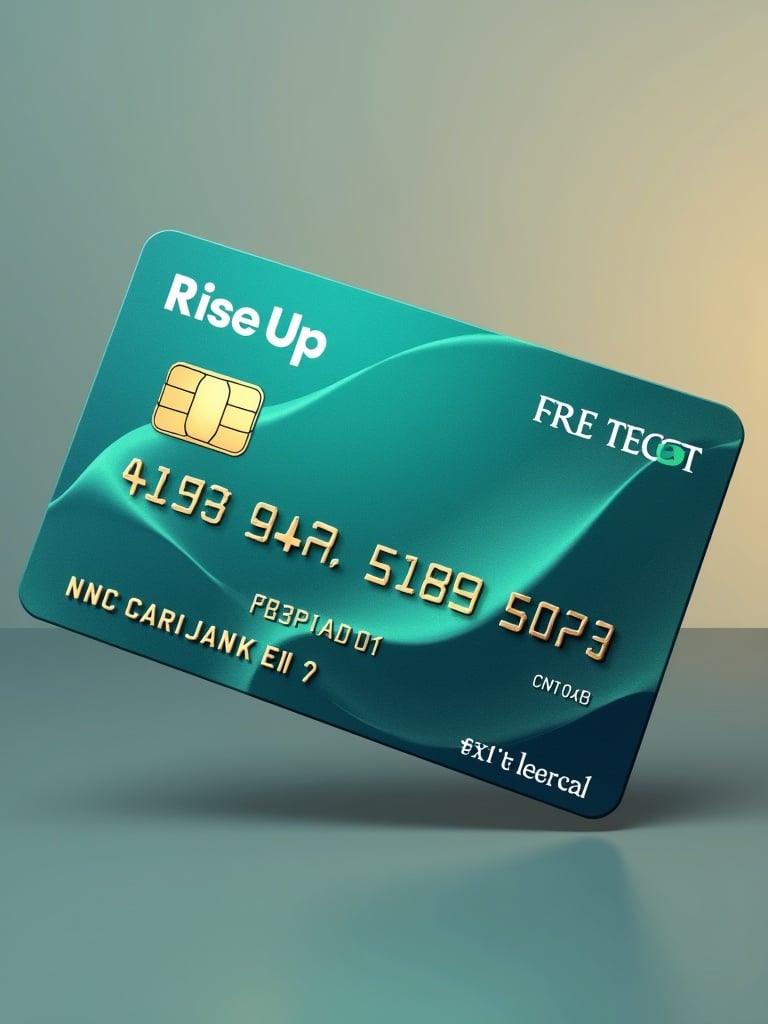 Create a unique debit or credit card design. Name this Fintech company 'Rise Up'. Design includes logo and modern features. Card has vibrant colors representing reliability. Texture suggests premium quality. Include QR code and contactless symbols. Use modern typography and subtle patterns. Target tech-savvy young professionals.