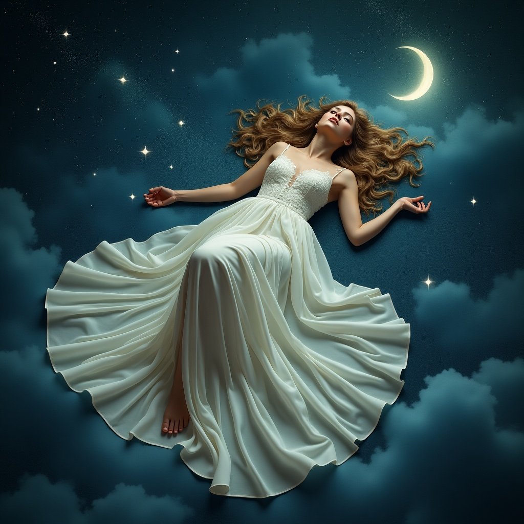 A woman in a flowing dress lies in a dreamlike setting surrounded by stars and a crescent moon. The scene evokes a fairytale or fantasy atmosphere.