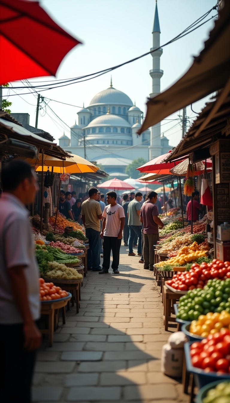 Highly realistic close-up of a bustling market scene in Banda Aceh captured with a smartphone. Market filled with vendors showcasing fruit, vegetables, and goods. Buyers engage with lively expressions. Small shops and colorful umbrellas are in the background. Natural lighting emphasizes produce and crowd energy.