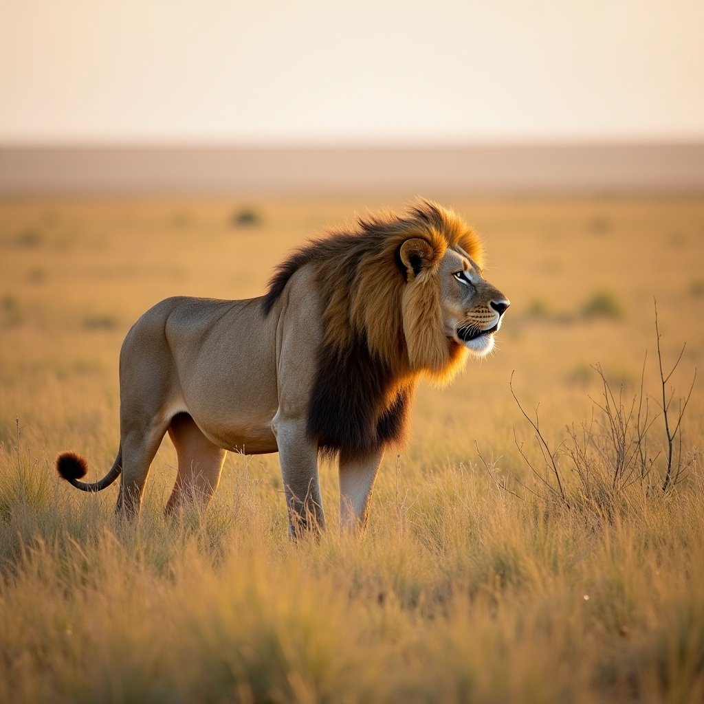 Lion standing in the Serengeti plains. The lion is facing to the right with a golden mane and a majestic posture. The background features golden grass under soft light.