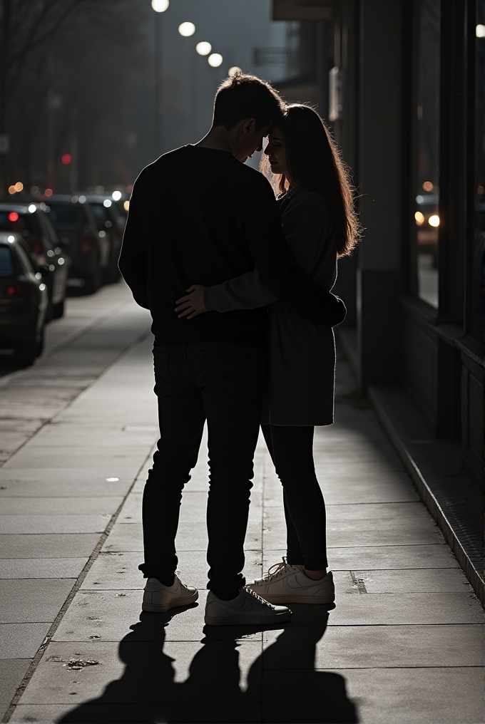 A couple stands close together on a city sidewalk at dusk, illuminated by streetlights.