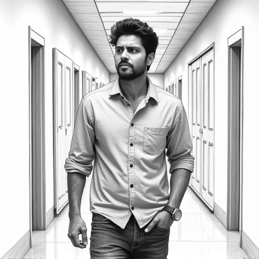 Detailed pencil sketch of a man in a corridor. He is clean-shaven with defined jawline and thick disheveled black hair. He wears a light blue shirt and dark jeans. His expression shows exhaustion and resolve. The image has a monochrome tone with high contrast. Close-up, slightly high-angle perspective. Lighting is chiaroscuro with smooth shading.