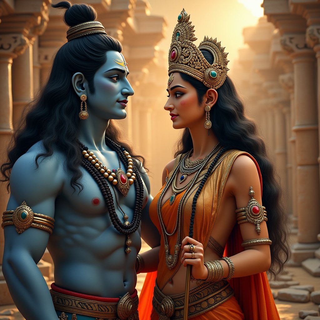 The image depicts Lord Shiva and Goddess Parvati. They are dressed in traditional attire with jewelry. The atmosphere is serene with temple architecture in the background. Warm colors like gold and blue are prominent.