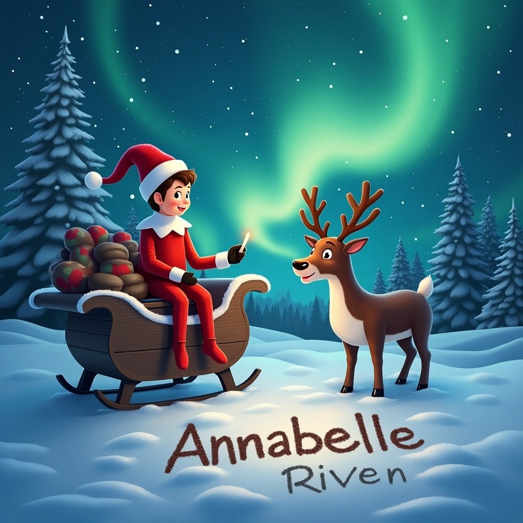 Elf on the shelf and reindeer at the North Pole. Writing 'Annabelle' and 'Riven' in the snow. Northern lights create a magical backdrop.